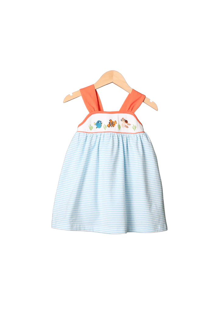 Smocked Sea Friends Blue Stripe/Coral Bow Dress