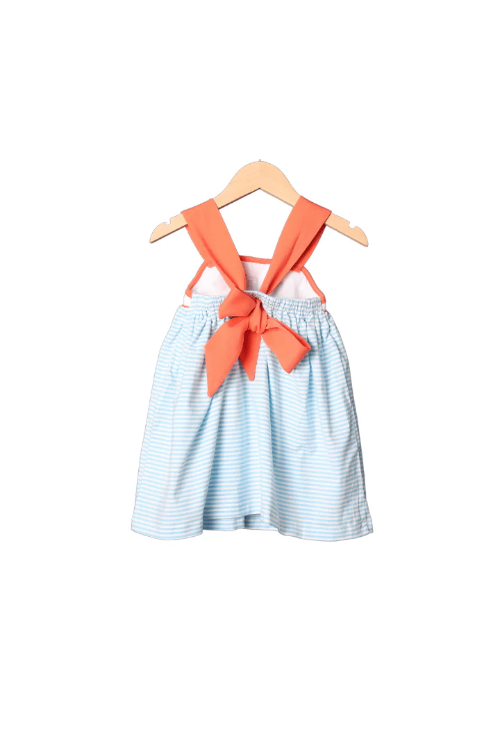 Smocked Sea Friends Blue Stripe/Coral Bow Dress - Image 2