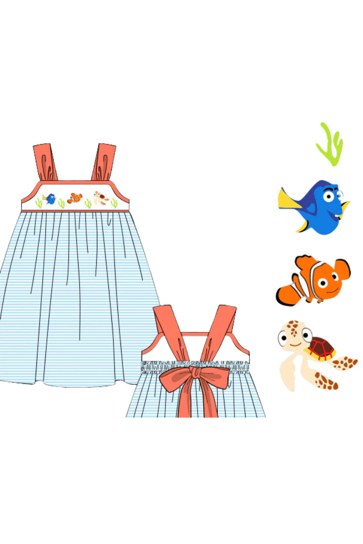 Smocked Sea Friends Blue Stripe/Coral Bow Dress - Image 3