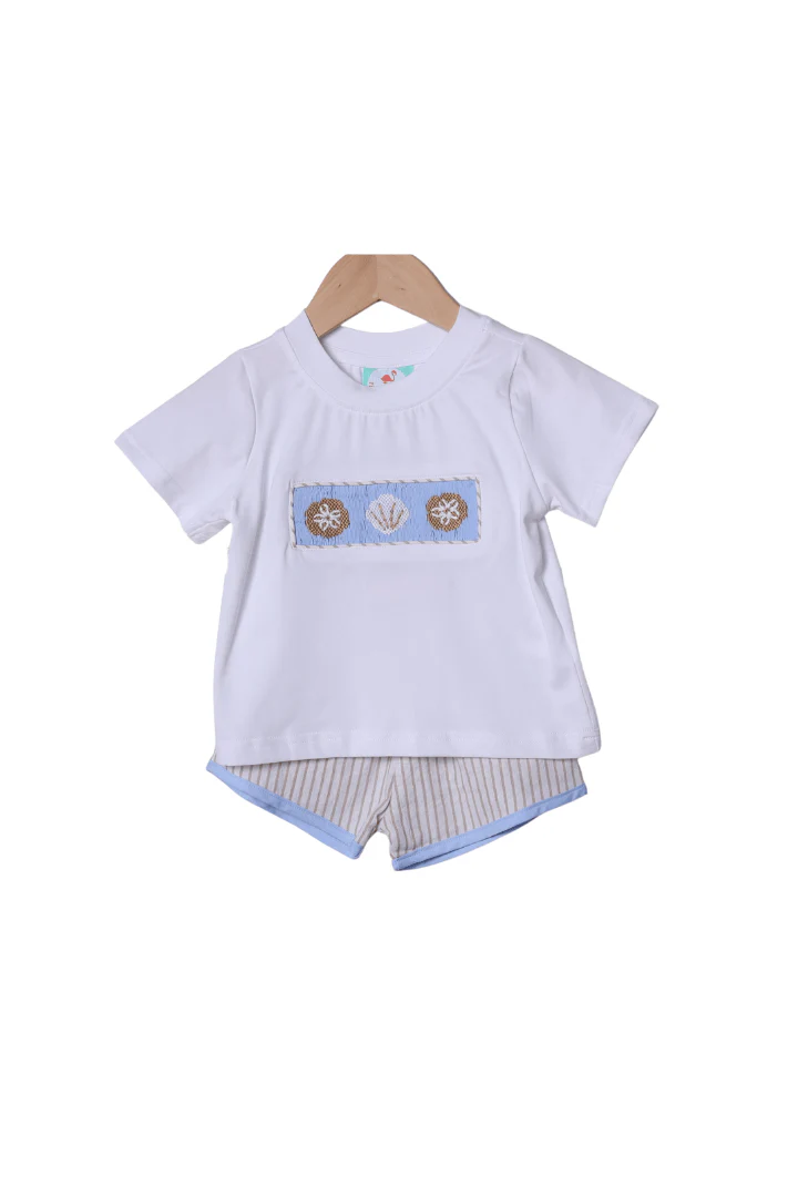 Smocked Sea Shells Blue/Khaki Stripe Short Set