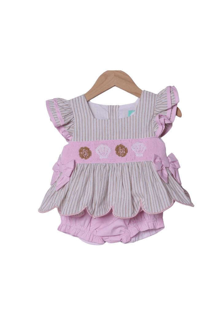 Smocked Sea Shells Pink/Khaki Stripe Bloomer Set