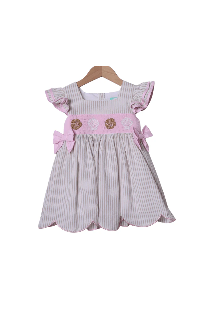 Smocked Sea Shells Pink/Khaki Stripe Dress