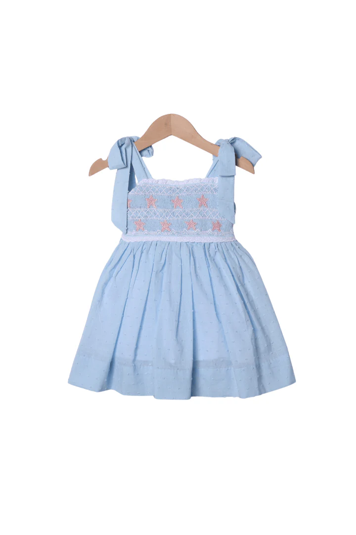 Smocked Starfish Blue Swiss Dot Dress