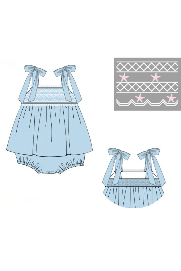 Smocked Starfish Blue Swiss Dot Skirted Bubble - Image 2