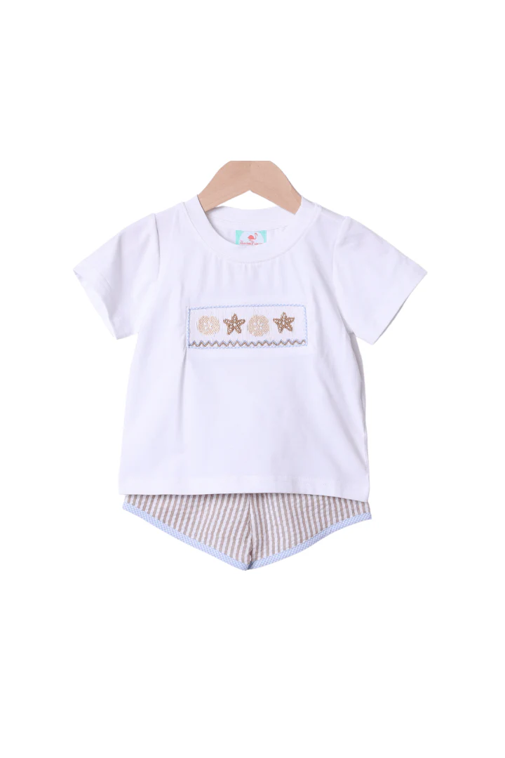 Smocked Starfish Khaki Seersucker Short Set