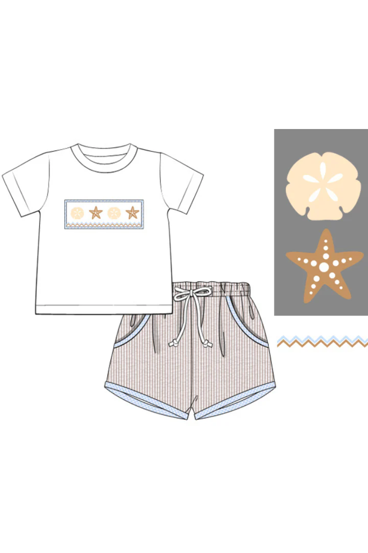 Smocked Starfish Khaki Seersucker Short Set - Image 3