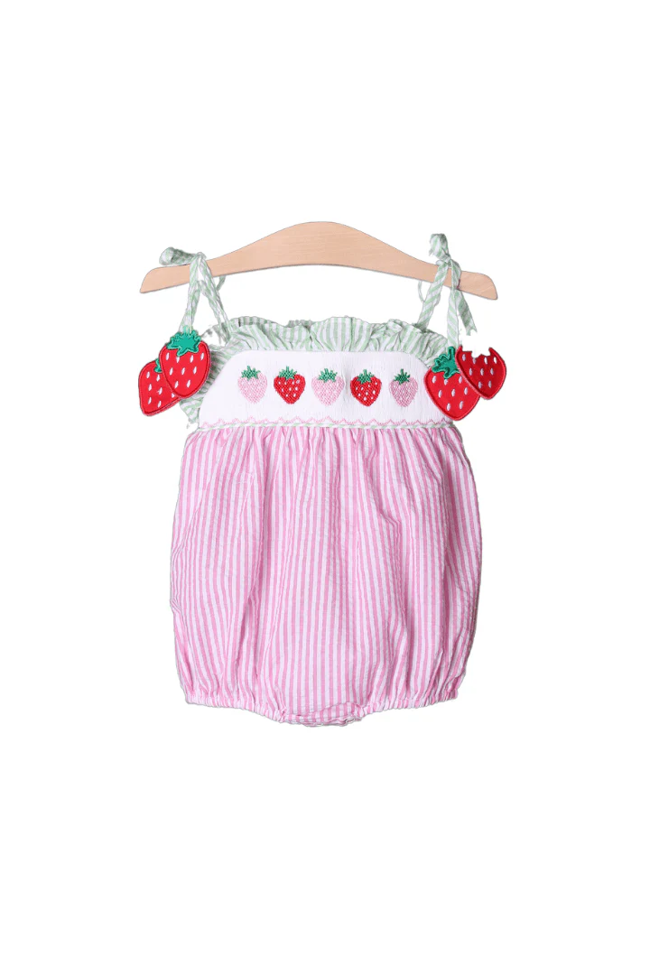 Smocked Strawberry Pink/Green Seersucker Bubble