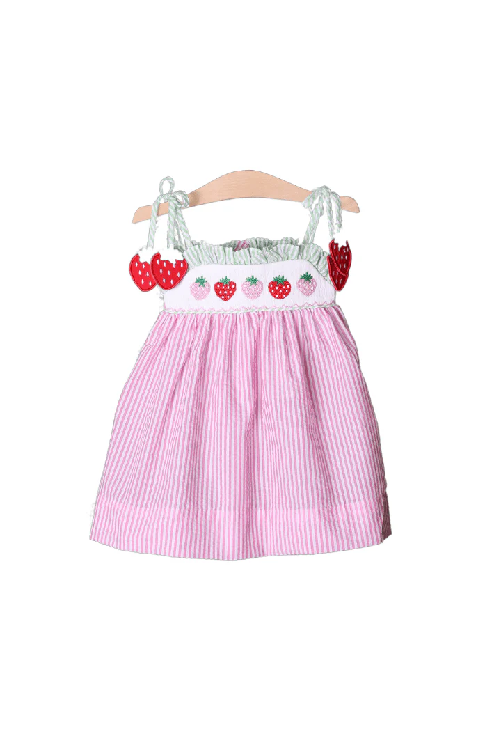 Smocked Strawberry Pink/Green Seersucker Dress