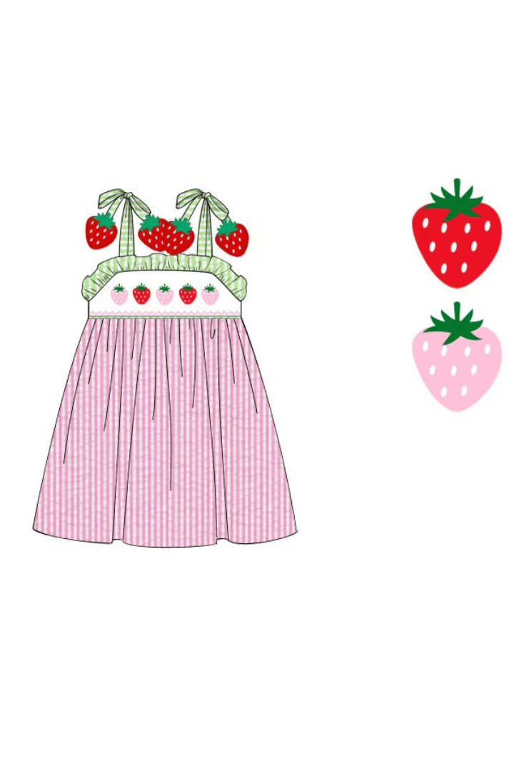 Smocked Strawberry Pink/Green Seersucker Dress - Image 2