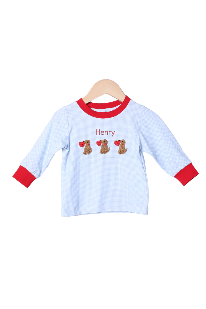 Smocked Sweet Puppy Love Blue Gingham Shirt