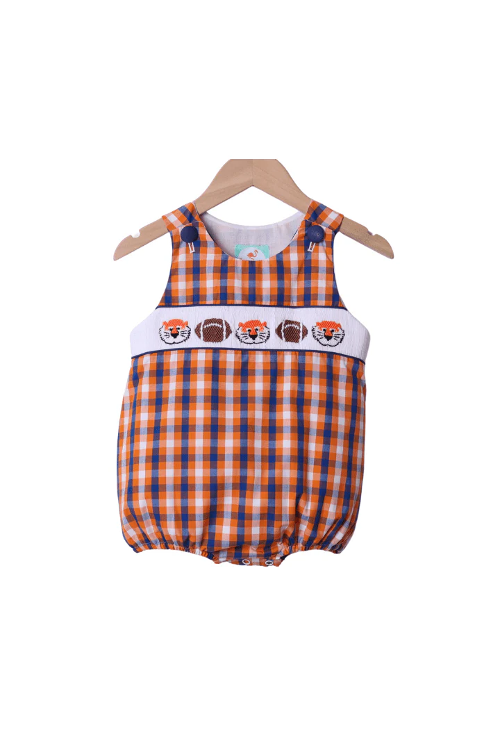 Smocked Tigers Navy/Orange Checkered Football Bubble