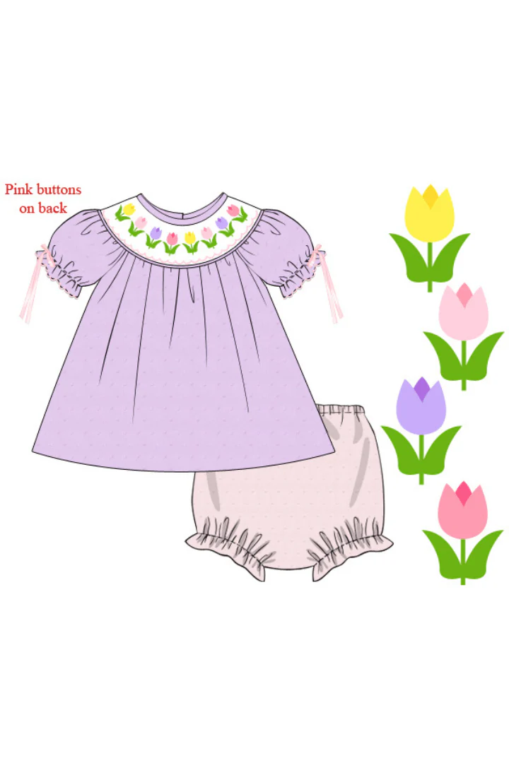 Smocked Tulips Lavender Swiss Dot Bloomer Set - Image 2