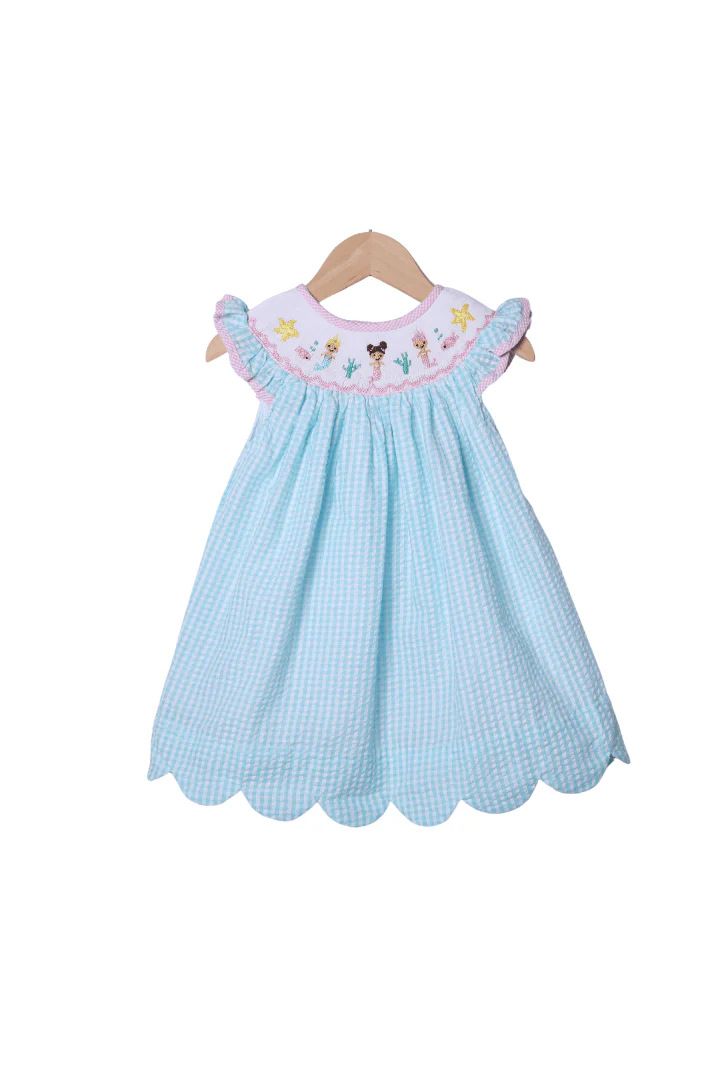 Smocked Turquoise Seersucker Mermaid Dress