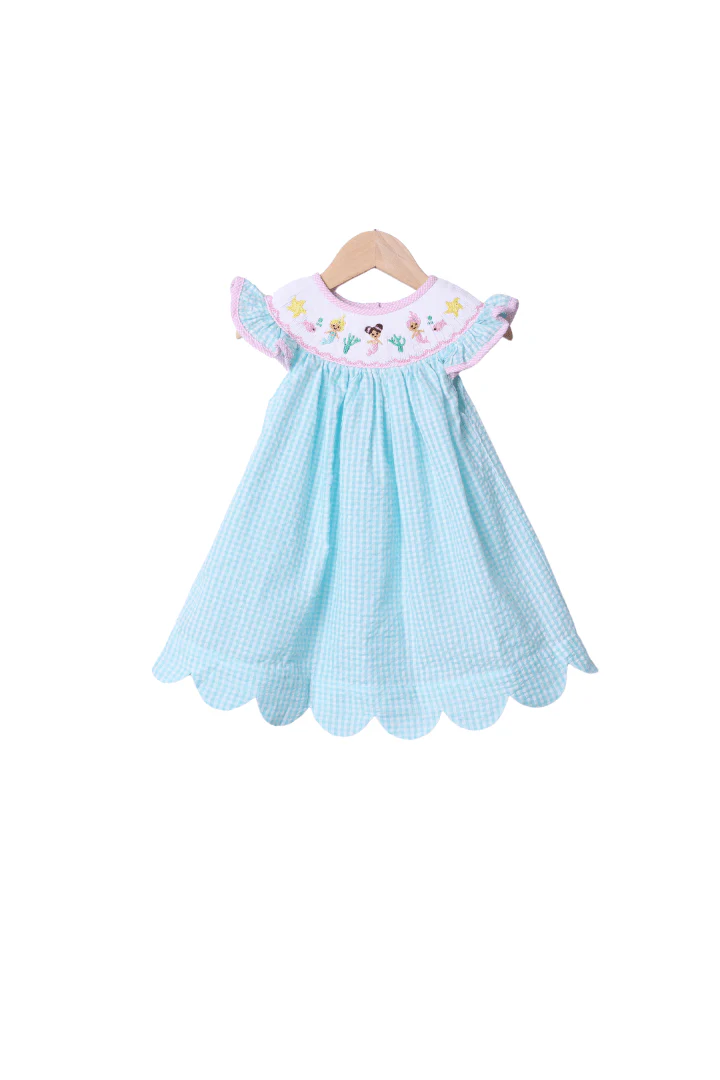 Smocked Turquoise Seersucker Mermaid Dress - Image 2