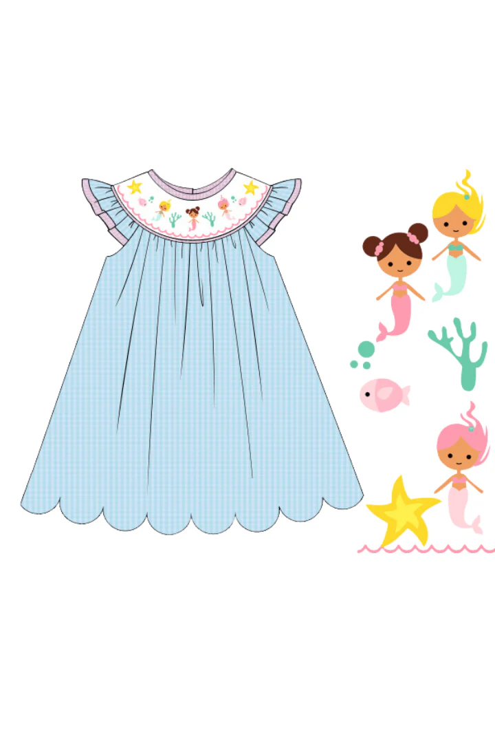 Smocked Turquoise Seersucker Mermaid Dress - Image 3
