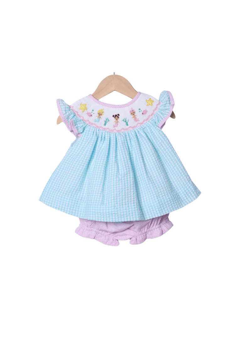 Smocked Turquoise Seersucker Mermaid Set