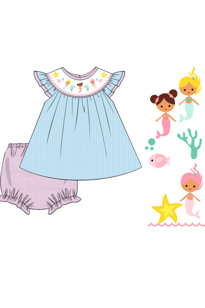 Smocked Turquoise Seersucker Mermaid Set - Image 2