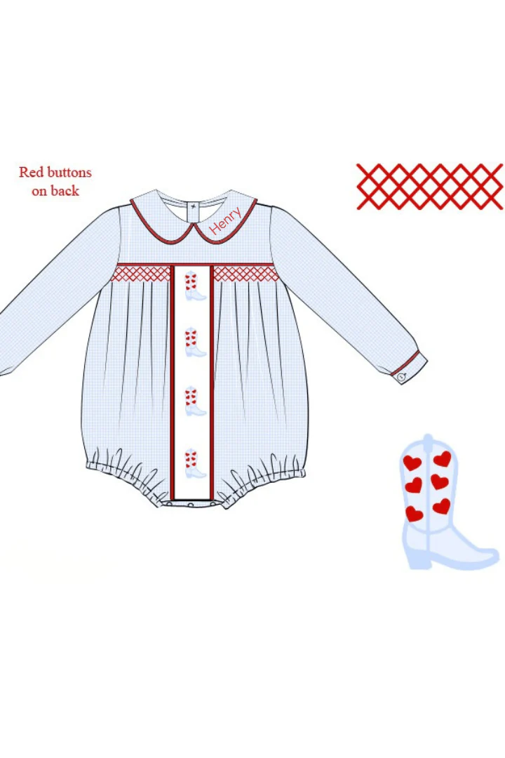 Smocked Valentine Boots Blue Gingham Bubble - Image 2