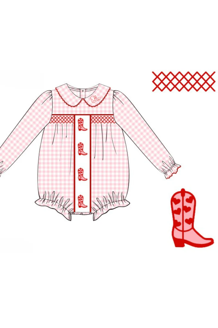 Smocked Valentine Boots Pink Gingham Bubble - Image 2