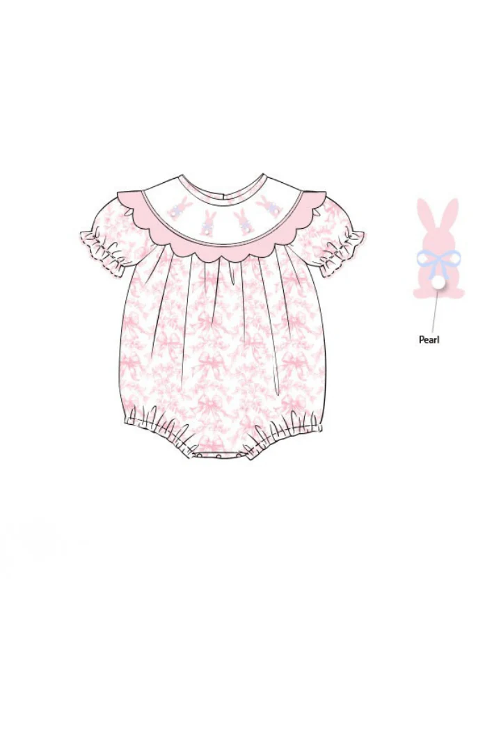 Smocked Bunny Pink Toile Pearl Scalloped Bubble - Image 3