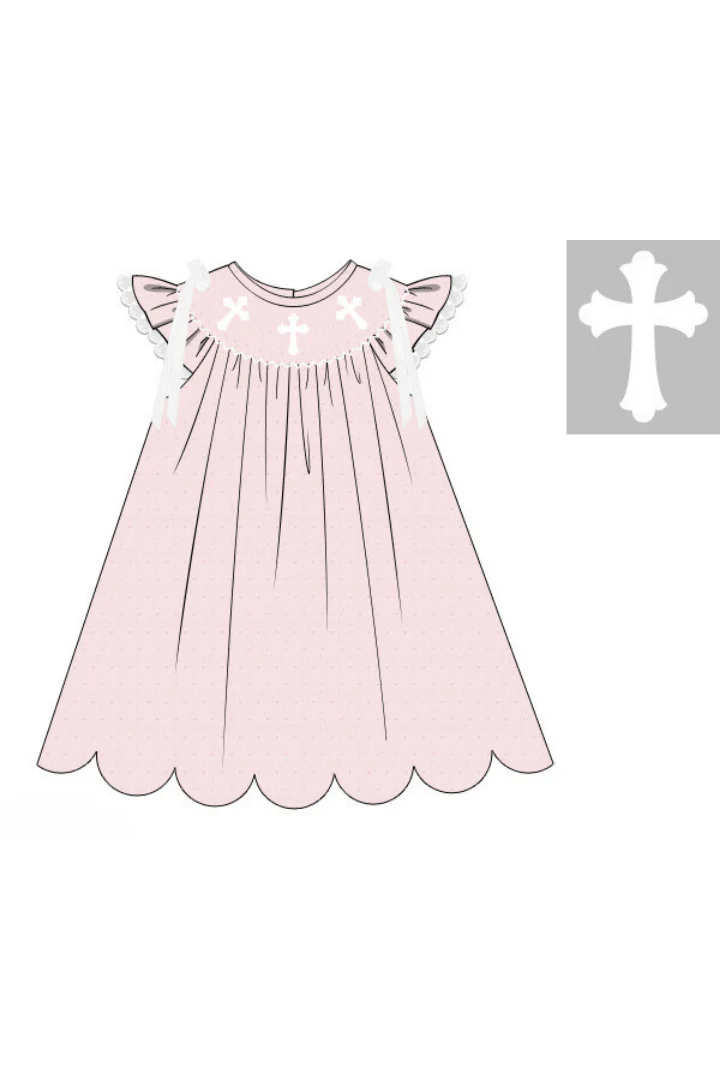 Smocked Cross Pink Swiss Dot Dress - Image 3
