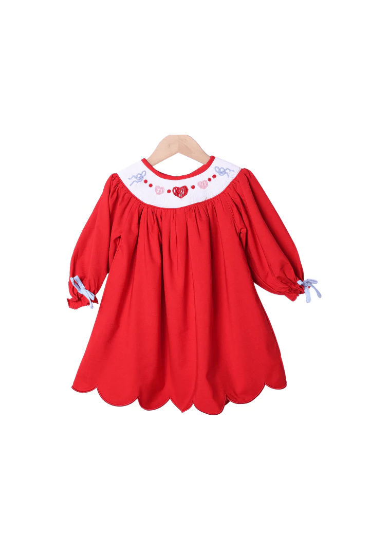 Smocked Bullion Sweet Heart Red Linen Bishop Dress