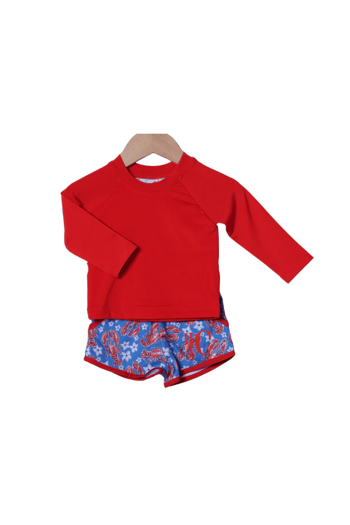 Sweet Lobster Red and Blue Rashguard Swim Trunks Set
