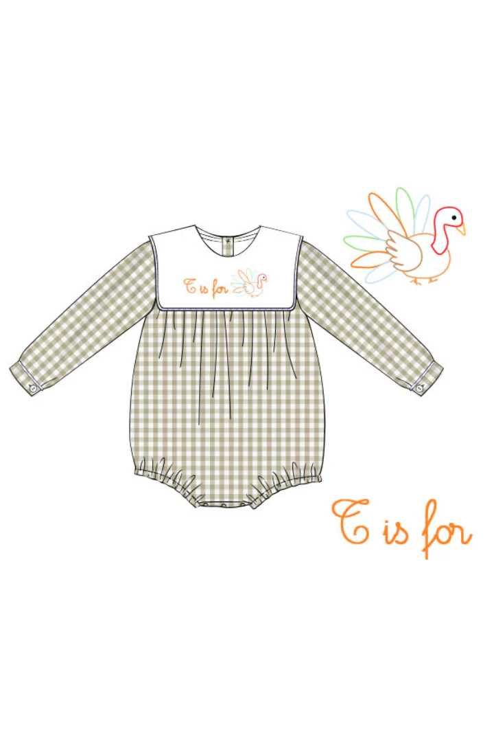 Pre-Order T is for Turkey Shadow Embroidery Khaki Gingham Bubble