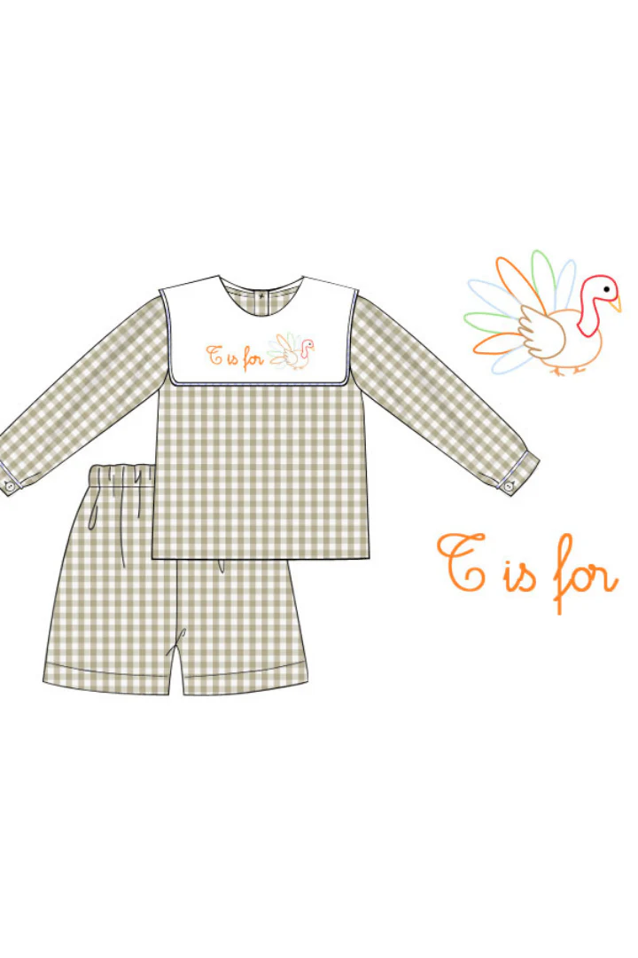 Pre-Order T is for Turkey Shadow Embroidery Khaki Gingham Short Set