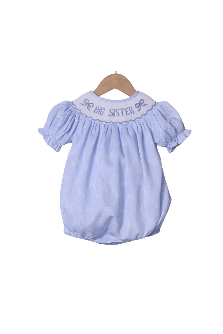 Smocked Big Sister Blue Bow Trellis Bubble