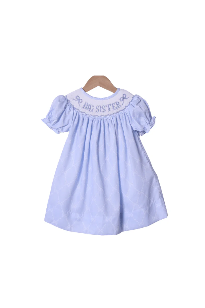 Smocked Big Sister Blue Trellis Bow Dress