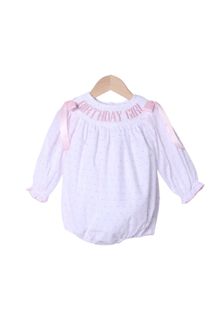 Smocked Birthday Girl Pink Swiss Dot Bubble Long Sleeve