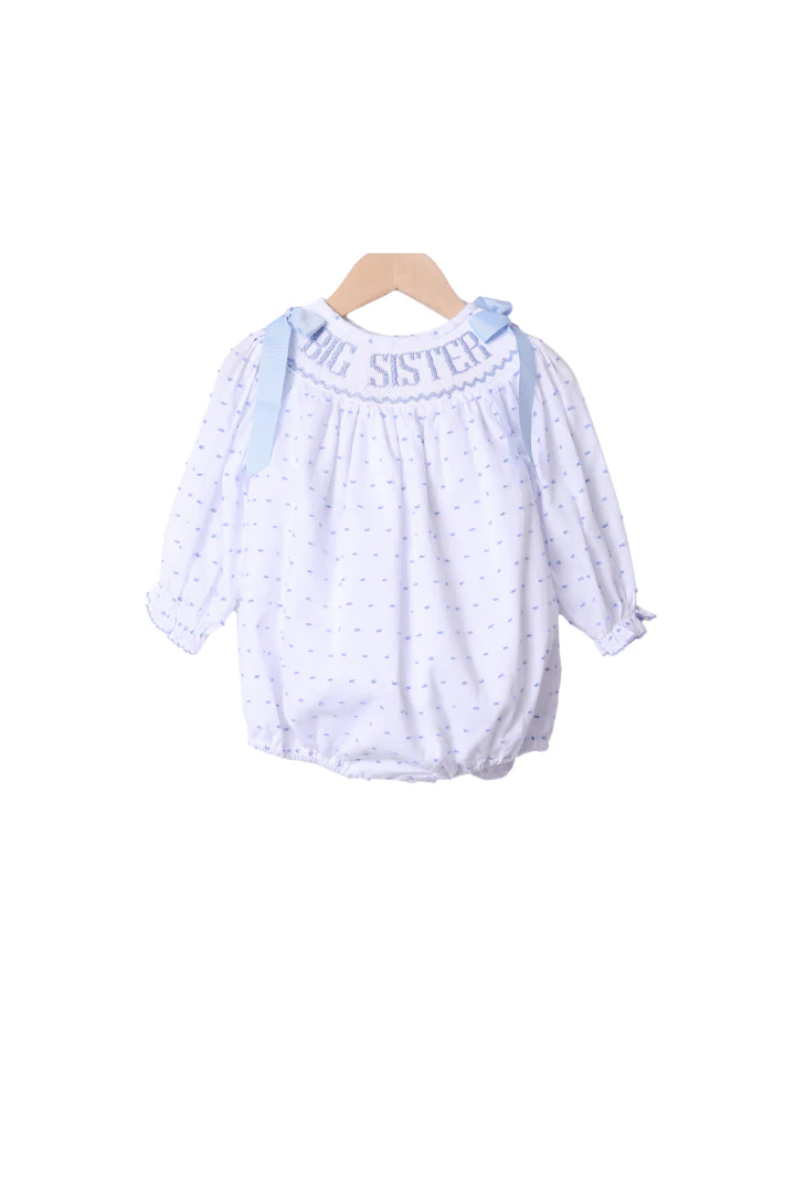 Smocked BLUE Swiss Dot Big Sister LARGE GROSGRAIN LONG Sleeve Bubble
