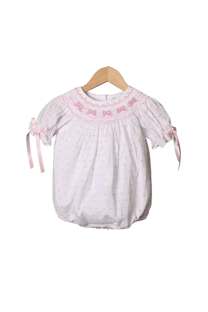 Smocked Classic Bow Pink Swiss Dot Bubble