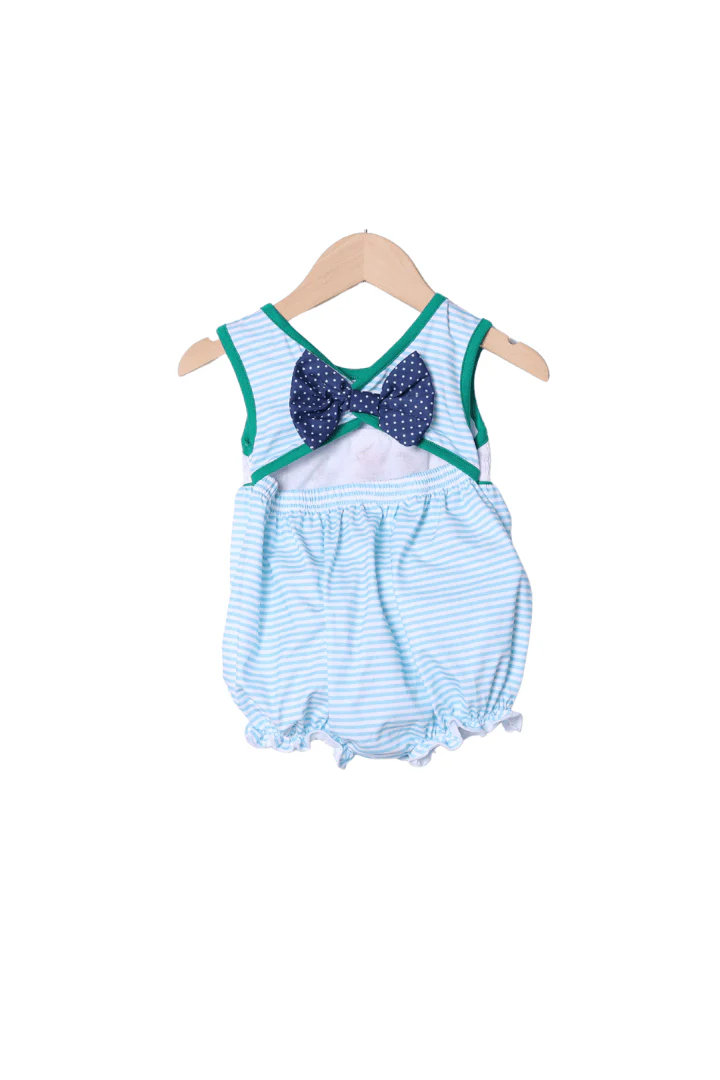 Smocked Friends Blue Stripe Bow Bubble THIN STRIPE - Image 2