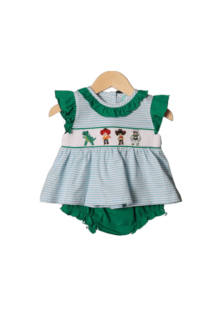 Smocked Friends Blue Stripe/Green Knit Bloomer Set