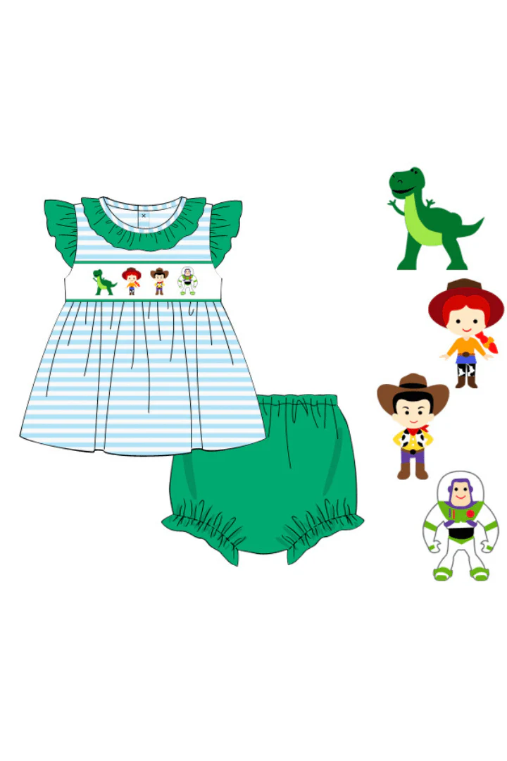 Smocked Friends Blue Stripe/Green Knit Bloomer Set - Image 2