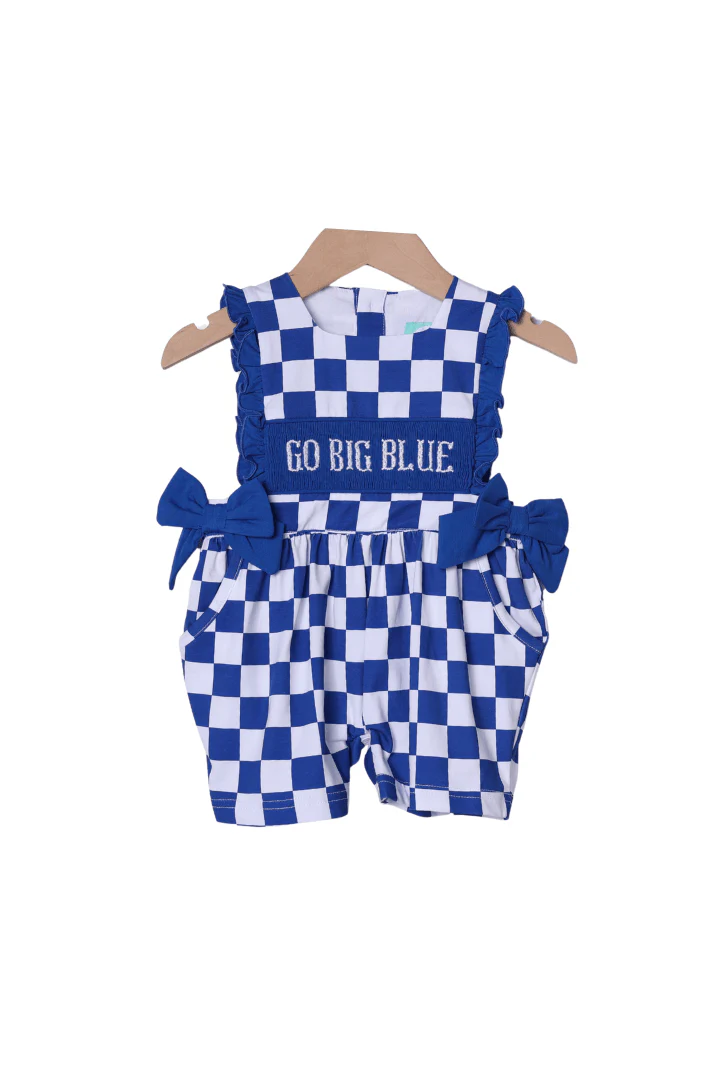 Smocked Go Big Blue Bow Checkered Romper