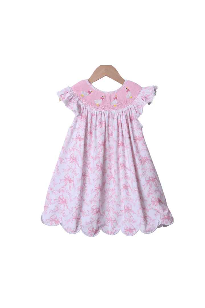 Smocked Sweet Goose Pink Bow Toile Dress