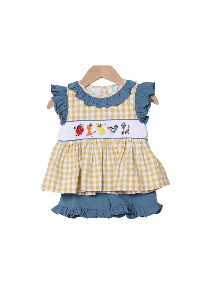 Smocked Lion Friends Blue Stone Yellow Seersucker Short Set