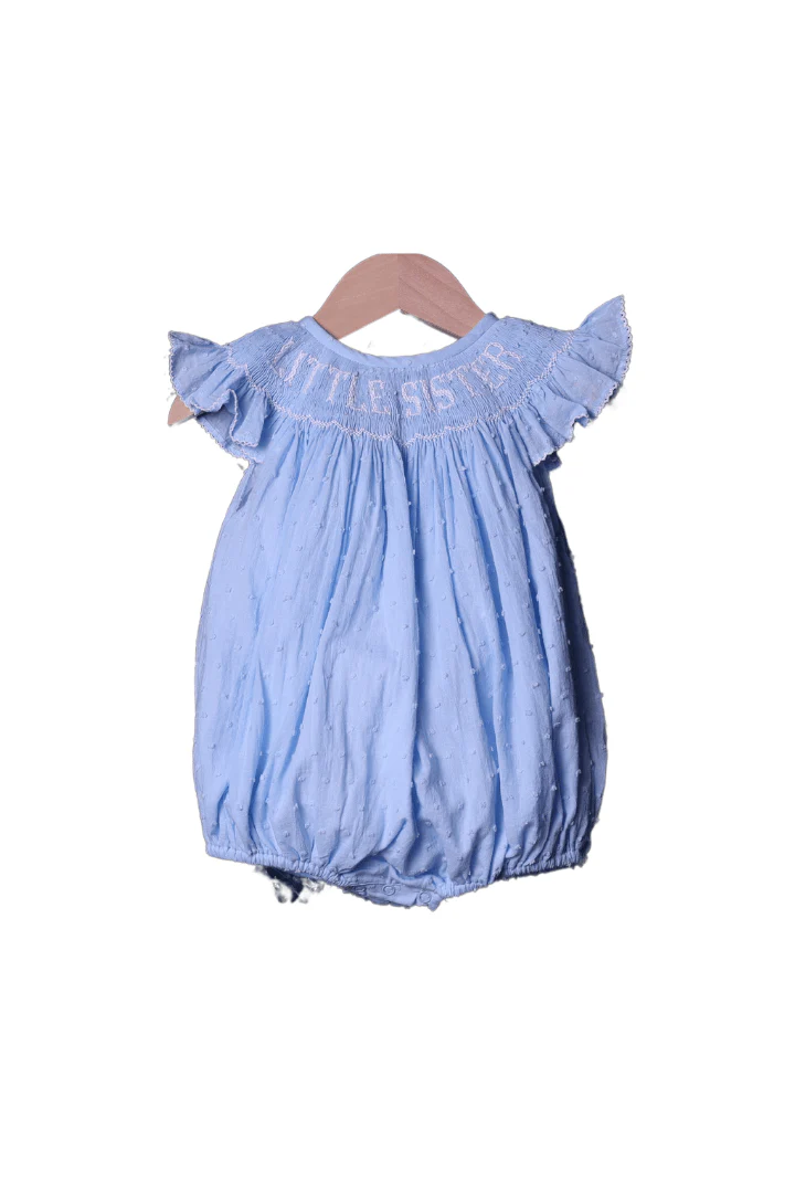 Smocked Little Sister Blue Swiss Dot Bubble