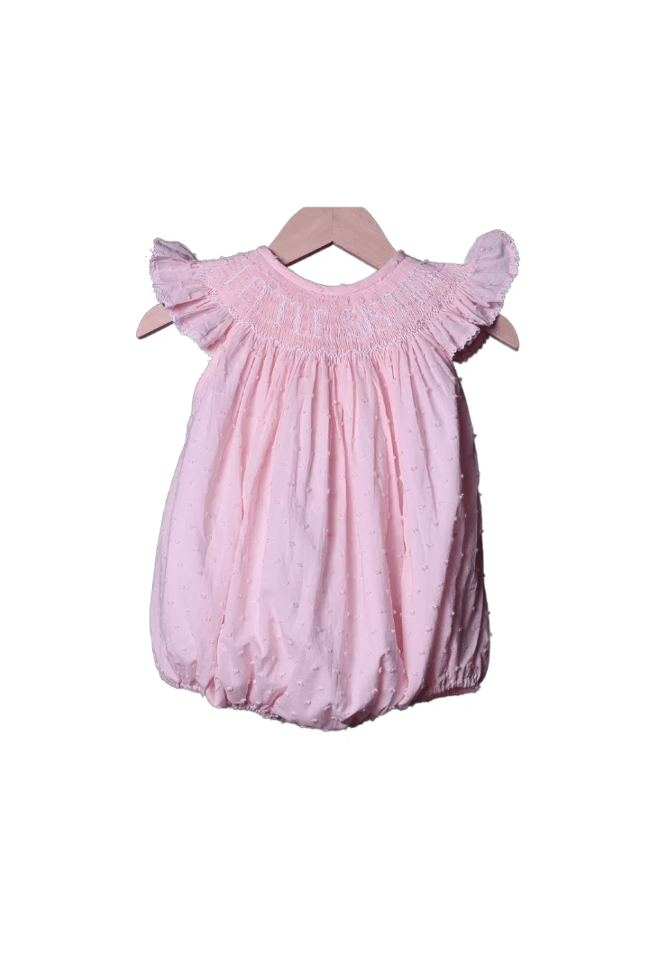 Smocked Little Sister Pink Swiss Dot Bubble