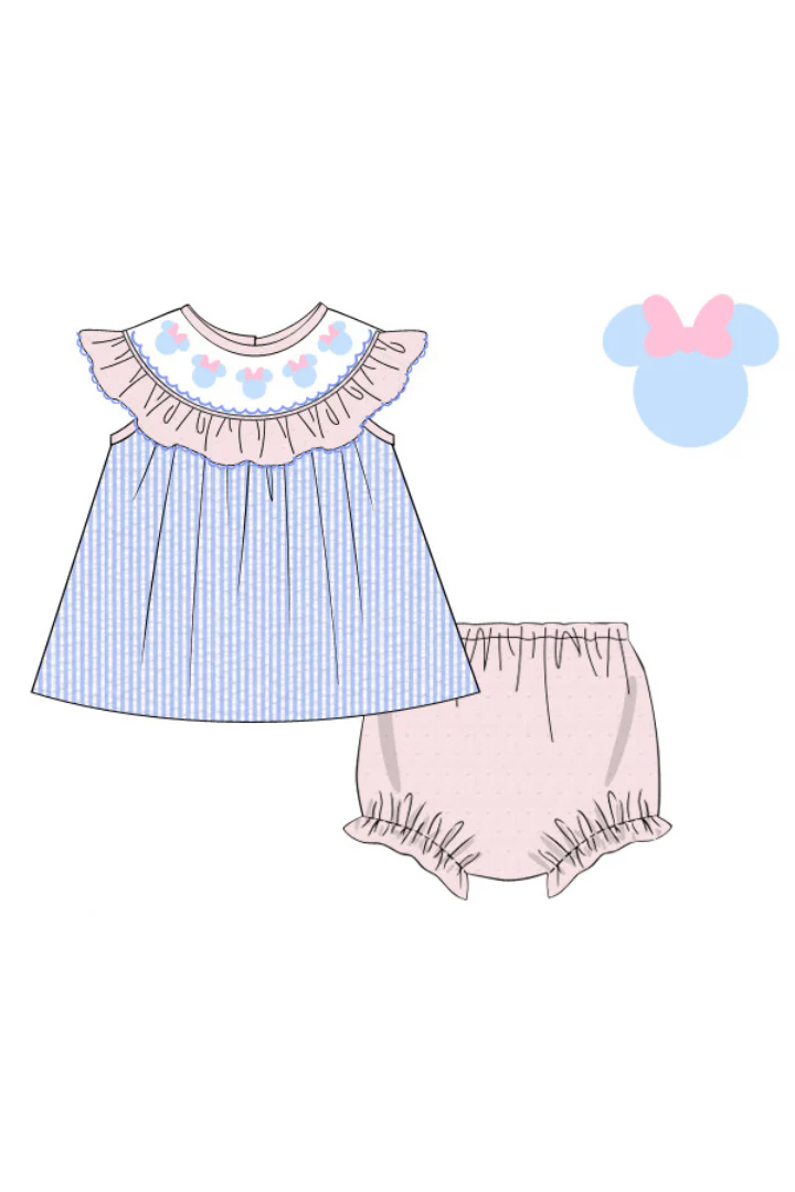 Smocked Mouse Blue Seersucker Bow Set - Image 2