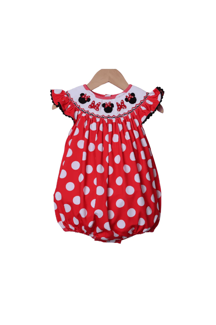 Smocked Mouse Bow Red Polka Dot Bubble