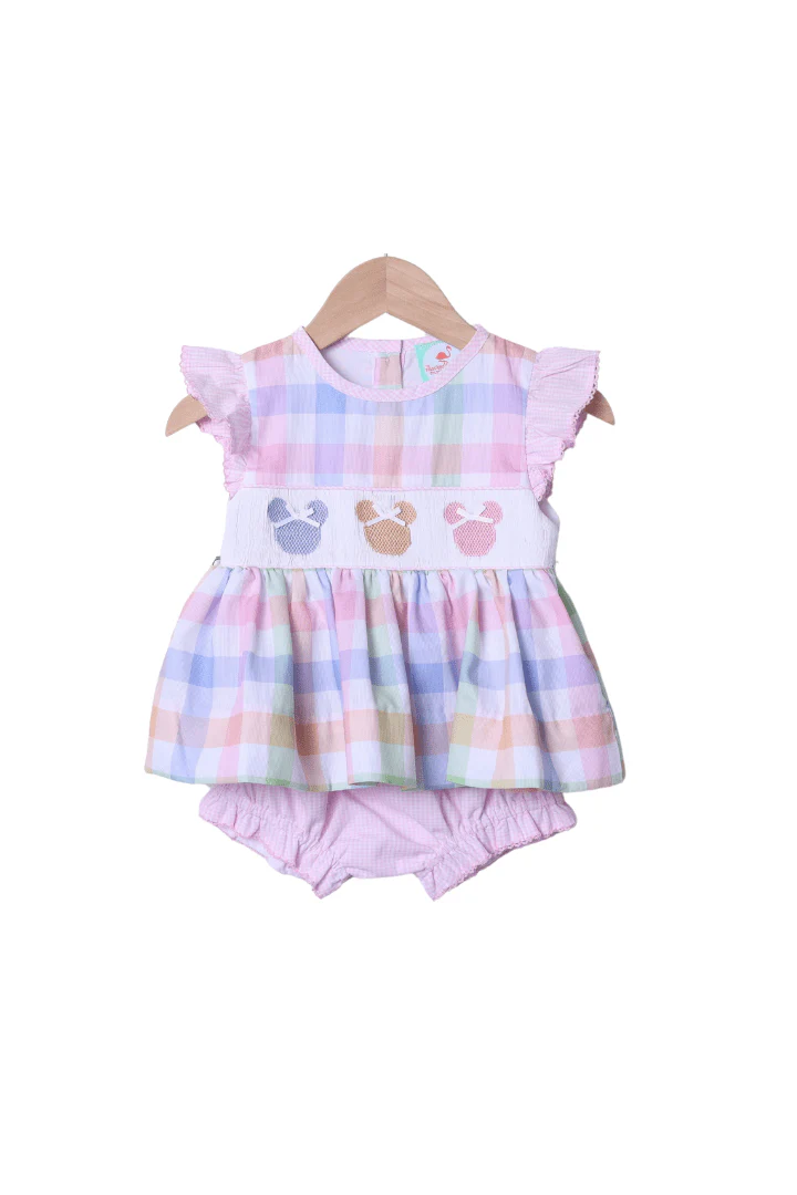 Smocked Mouse Pastel Gingham Bloomer Set