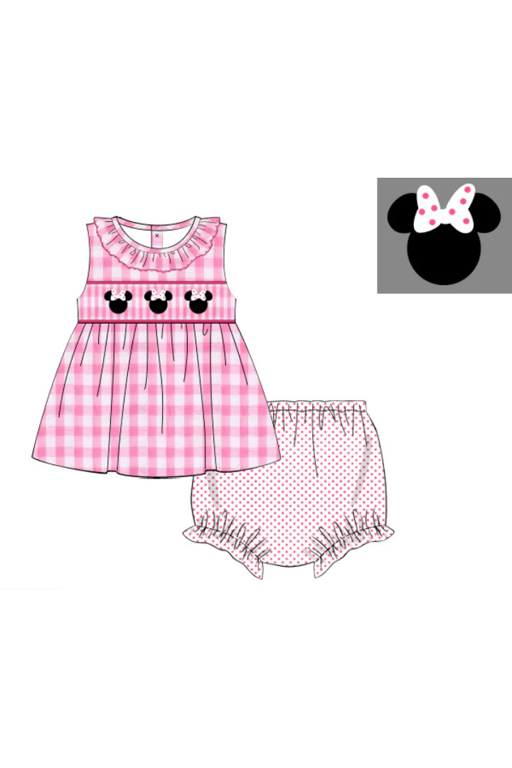Smocked Mouse Pink Gingham Seersucker Bloomer Set - Image 2