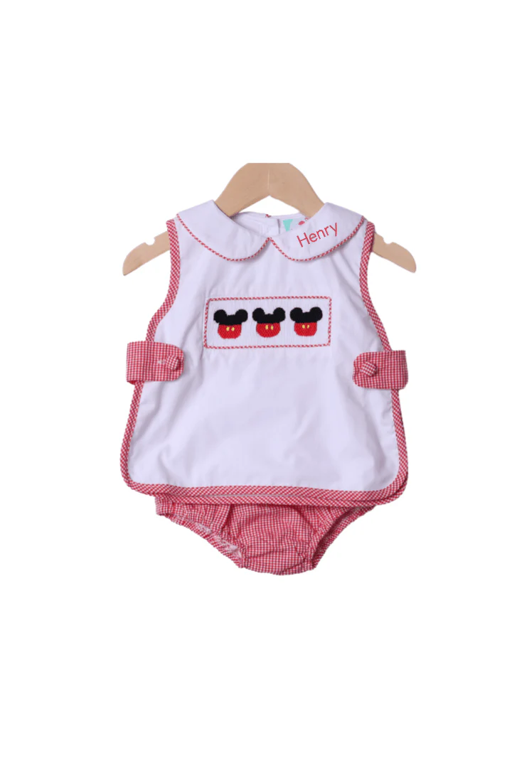 Smocked Mouse Red Gingham Apron Diaper Set