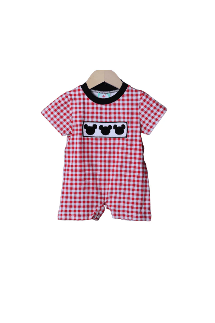 Smocked Mouse Red Gingham Knit Romper