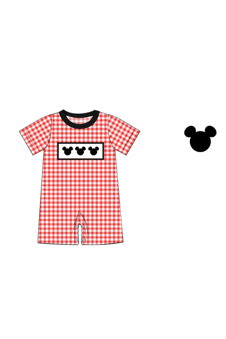 Smocked Mouse Red Gingham Knit Romper - Image 2