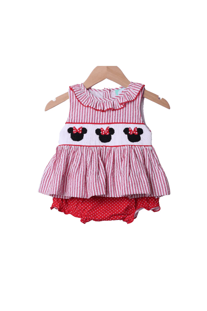 Smocked Mouse Red Seersucker Bloomer Set